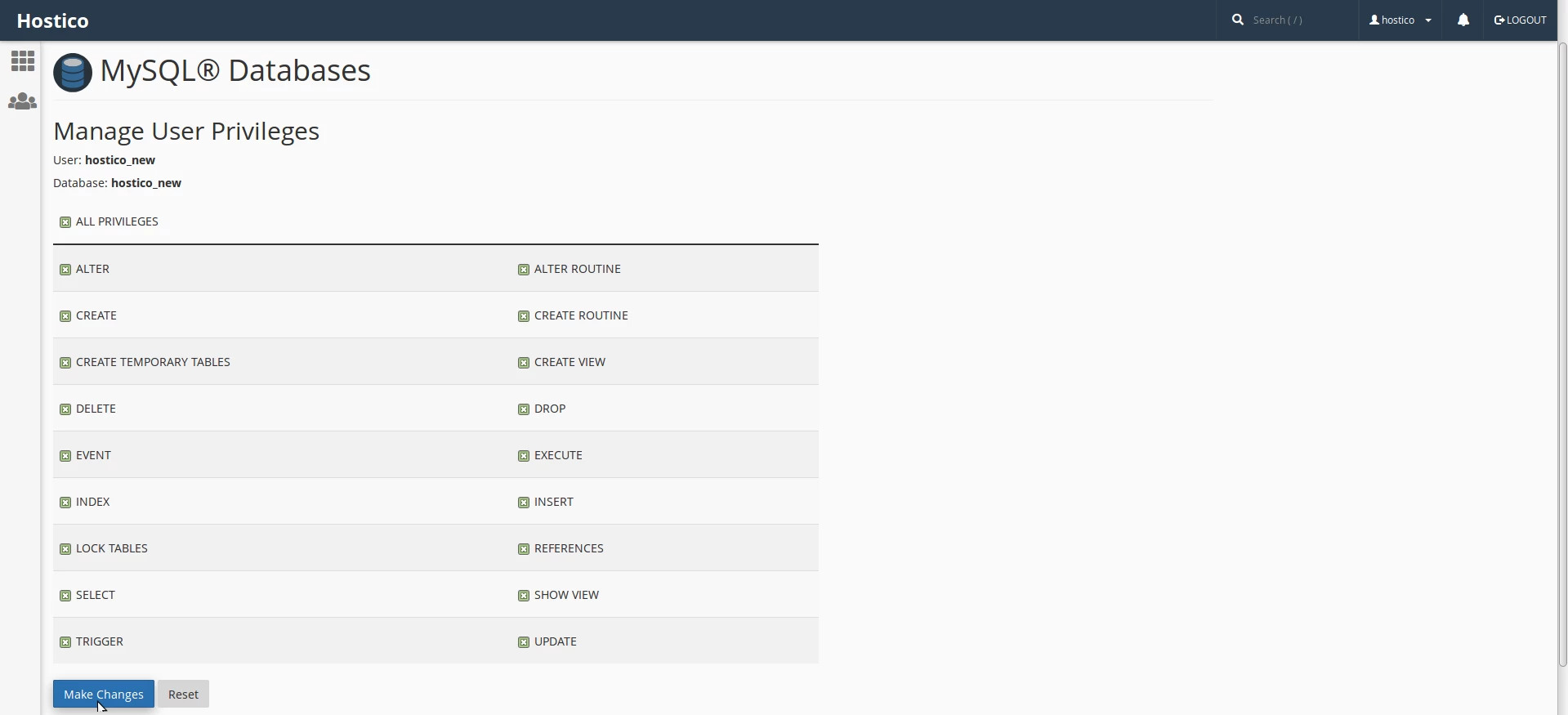 Oprávnenia databázy cPanel