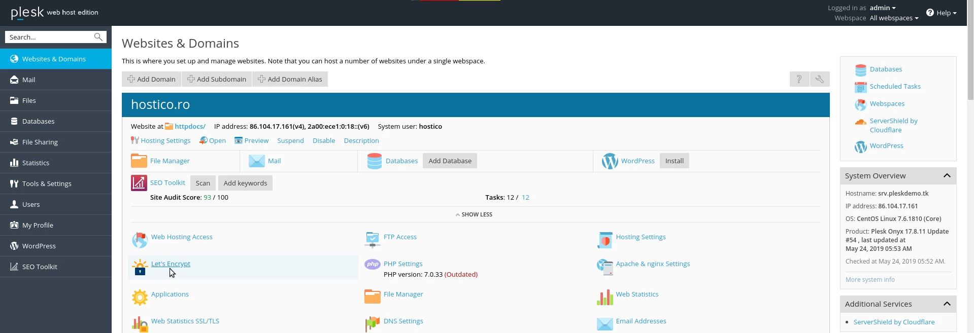 Selectare Let&rdquo;s Encrypt in panou Plesk
