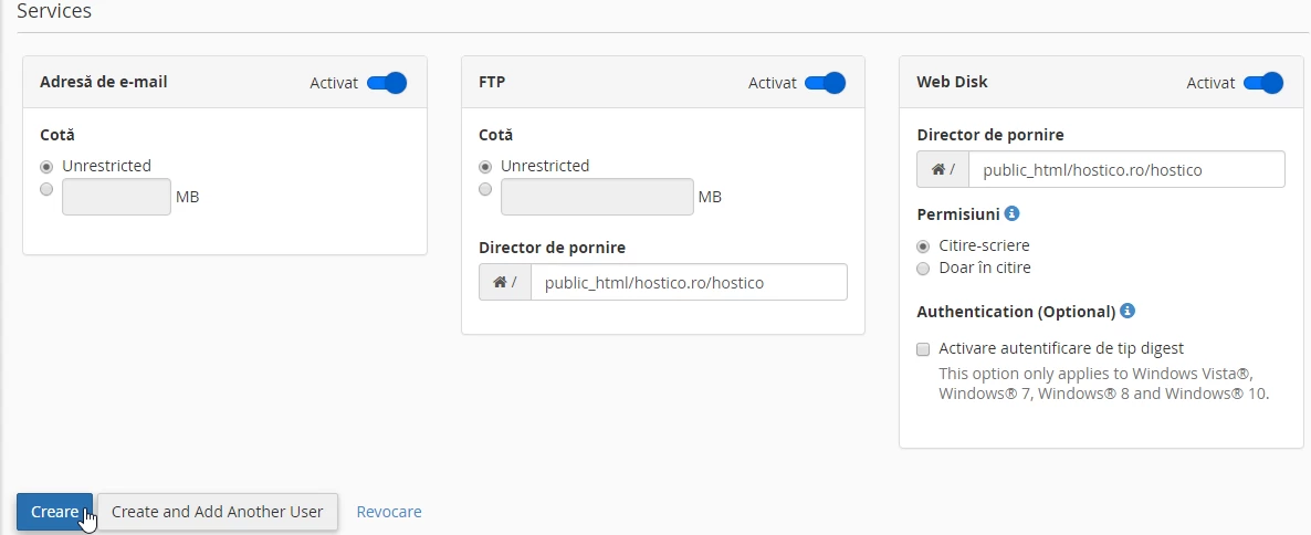 Creare nou utilizator user manager