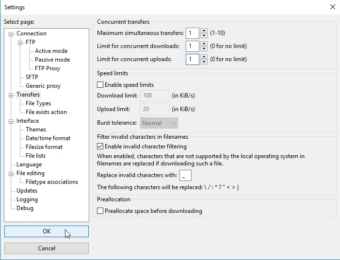 Setare conexiuni simultane Filezilla