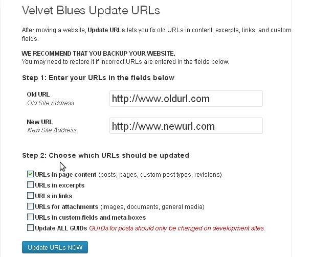 Interfață plugin Velvet Blues Update URLs